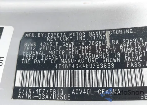 2008 Toyota Camry Le from USA, damaged, VIN 4T1BE46K48U763858